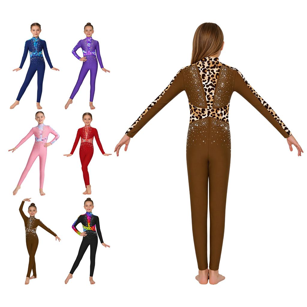 Girls Gymnastics Long Sleeve Leotard Shiny Sequins Rhinestones Back Invisible Zipper Full Body Ballet Figure Skating Performance