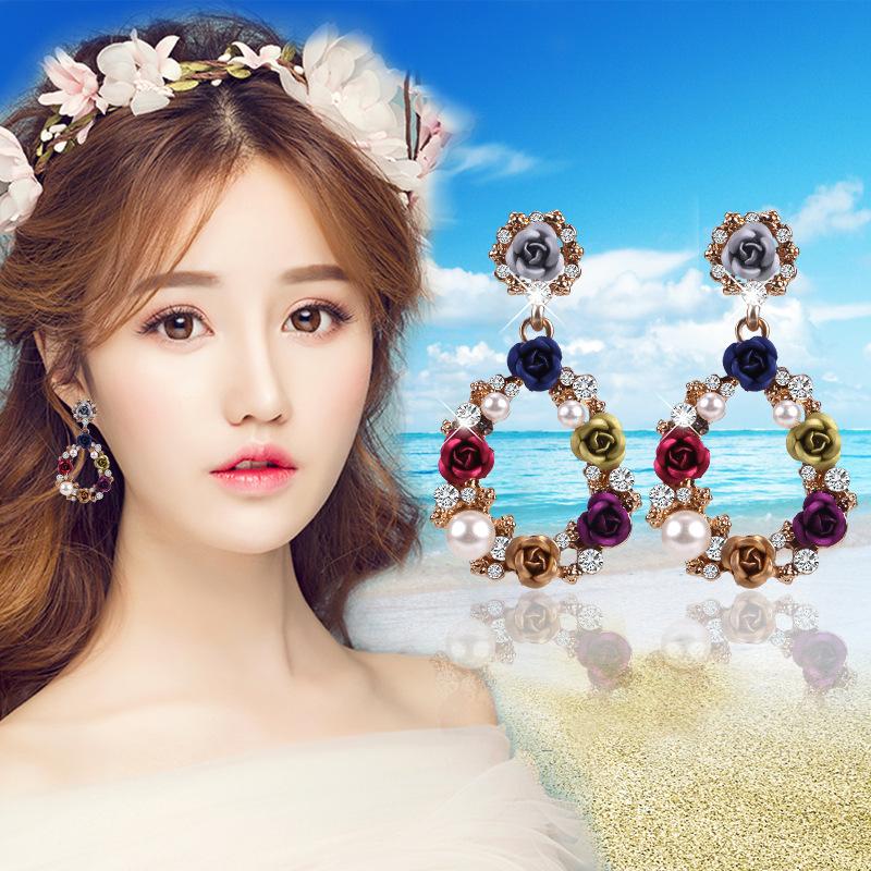 Suijue Jewelry Exotic Ocean Beach Versatile Rose Earrings Women'S Colorful Flower Earrings Jewelry