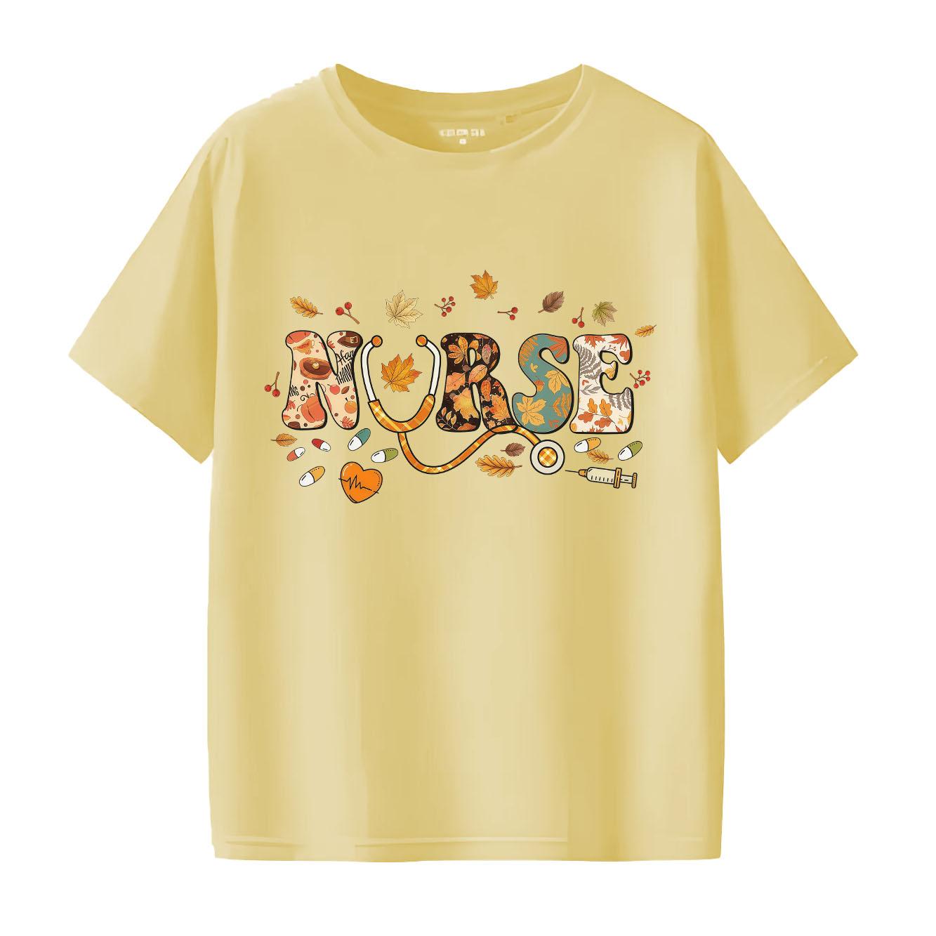 

Cute Fallen Leaf stethoscope Retro Printed Pattern Short Sleeve Round Neck Casual Versatile Womens Tshirt S