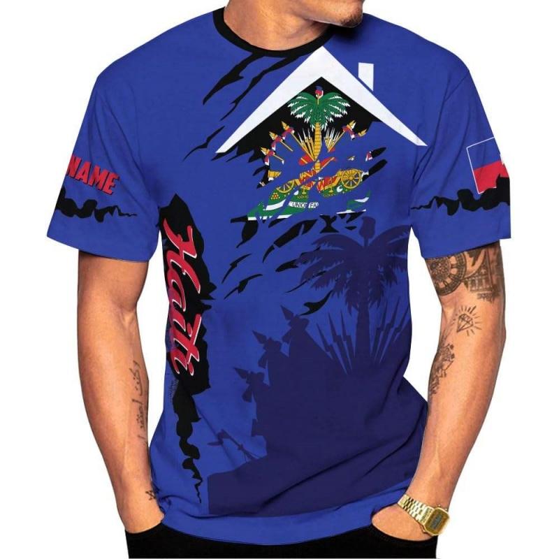 Haiti National Emblem Pattern T-Shirt For Men Customized 3D Printed Tees Summer Casual Loose T Shirts O-Neck Top Short Sleeves