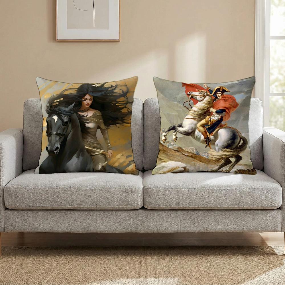 Rider Horse Painting Cushion Cover Multi-Scene Pillow Cover for Home & Car - Reversible, Soft & Durable for Daily Use