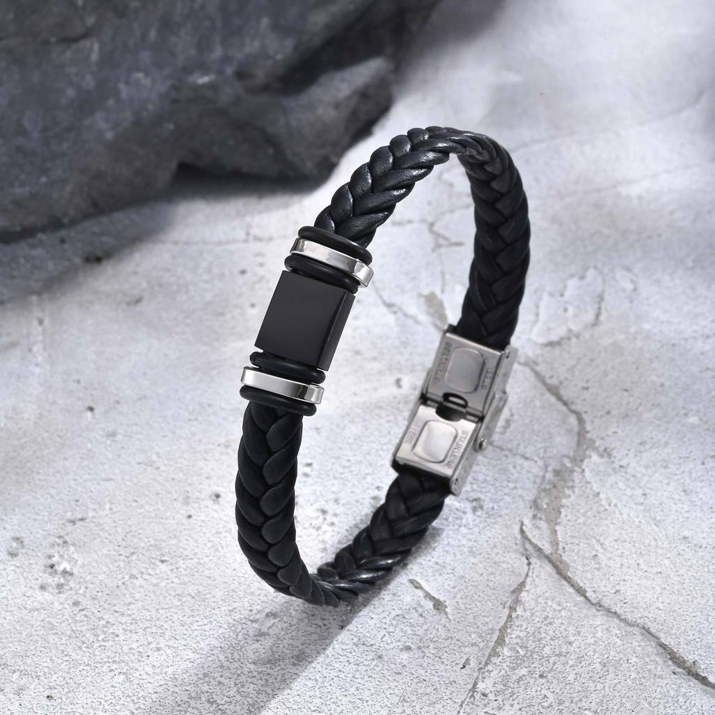 Initials Leather Bracelet for Men Boys,Stainless Steel A-Z 26 Letter Charm Woven Wristband,Casual Jewelry Gift To Father Husband