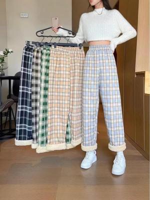 Damen Winter High-Waist Lammwolle Karierte Weitbeinige Hose mit Samtfutter