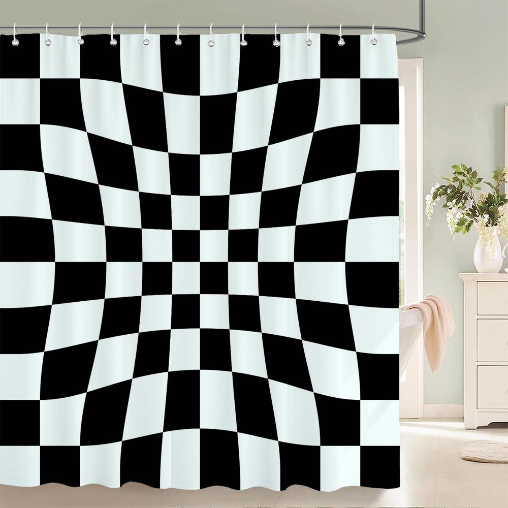 1 pièce Simple Motif Abstrait Noir et Blanc Tissu Polyester Rideau de Douche Imperméable Rideau de Salle de Bain Rideau de Séparation