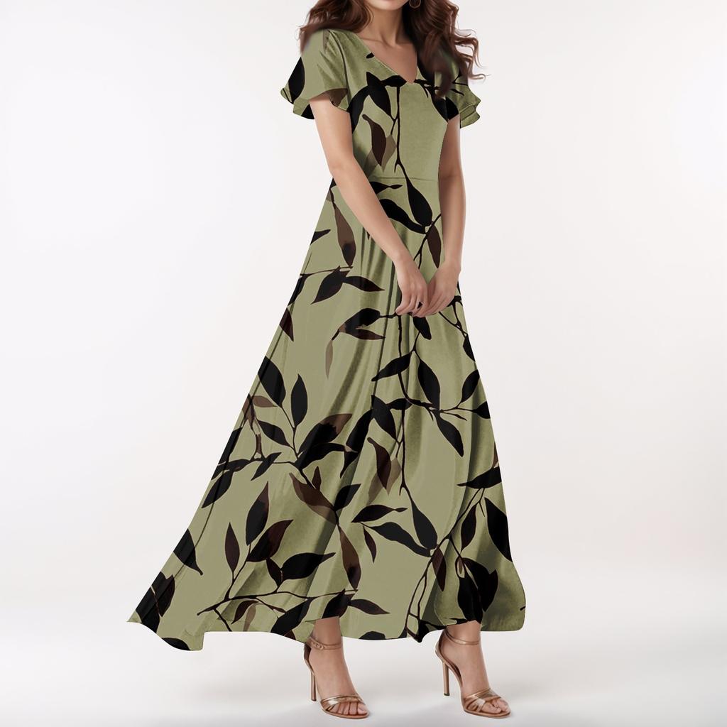Lässiges Damenkleid mit V-Ausschnitt, kurzen Ärmeln und hoher Taille, Retro-Blumenblatt-Print