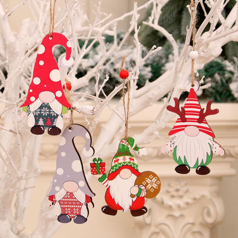 Christmas Tree Ornaments: Wooden Car with Faceless Forest Old Man Pendant Set