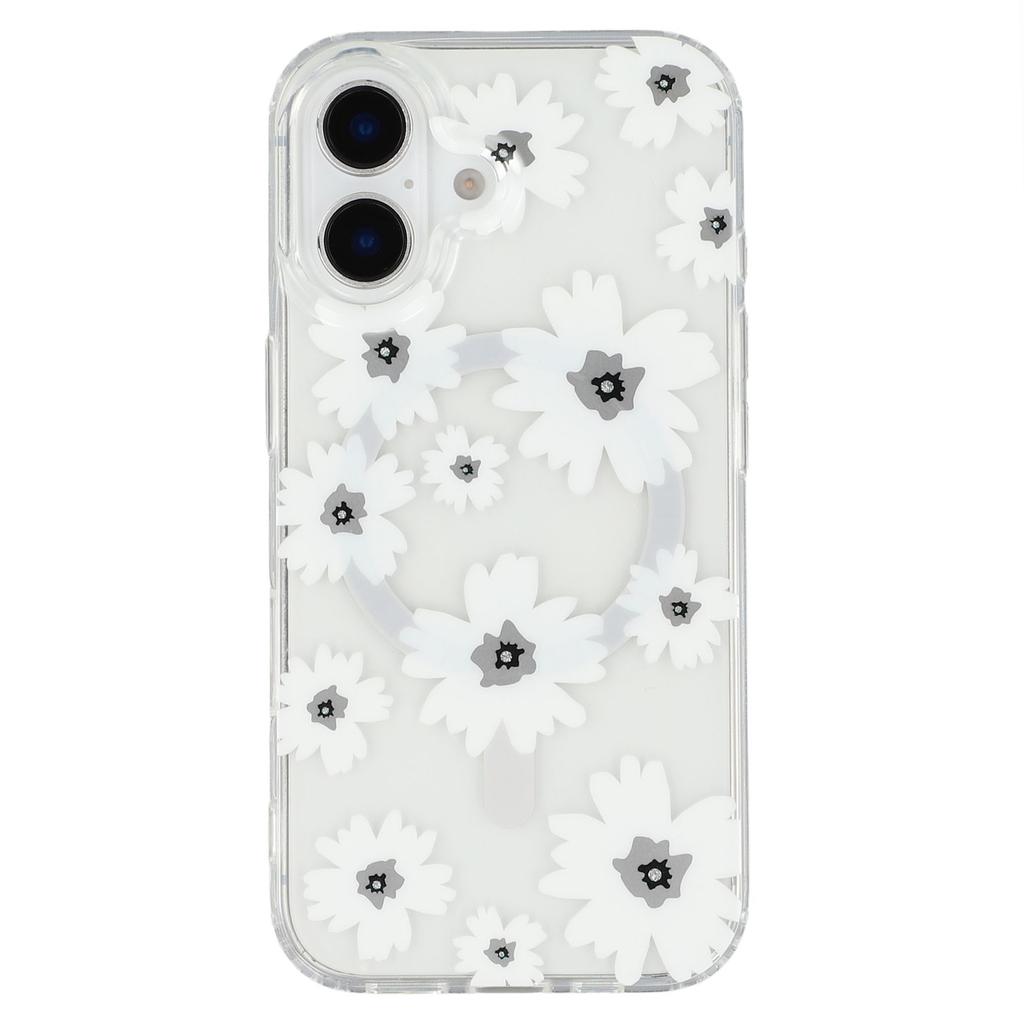 For iPhone 16 Plus Magnetic Case IMD Flower Pattern TPU + PC Clear Back Phone Cover