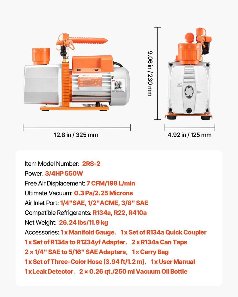 AC Vacuum Pump and Gauge Set, 7 CFM 198 L/min, Two Stage Rotary Vane HVAC Vacuum Pump, A/C Manifold Gauge Kit, for R134a R22 R410a, with Leak Detector