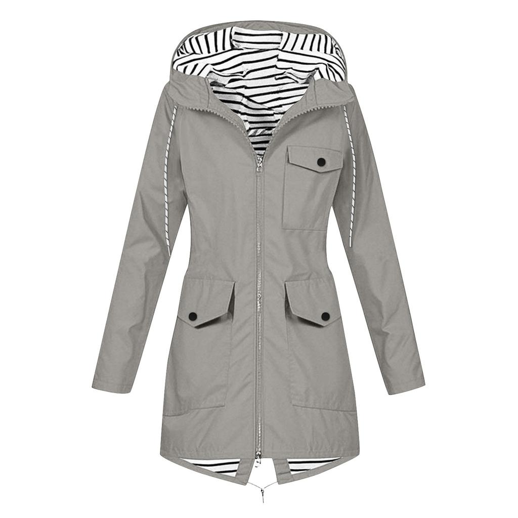 Women Solid Rain Jacket Outdoor Plus Waterproof Hooded Raincoat Windproof