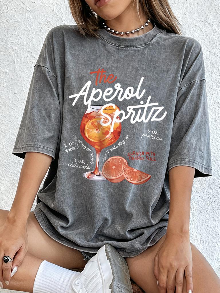 Aperol Spritz Lemon Prints Washed TShirts Womens Cotton Oversized T Shirt Summer Soft Short Sleeve Tops Hip Hop ONeck Clothes