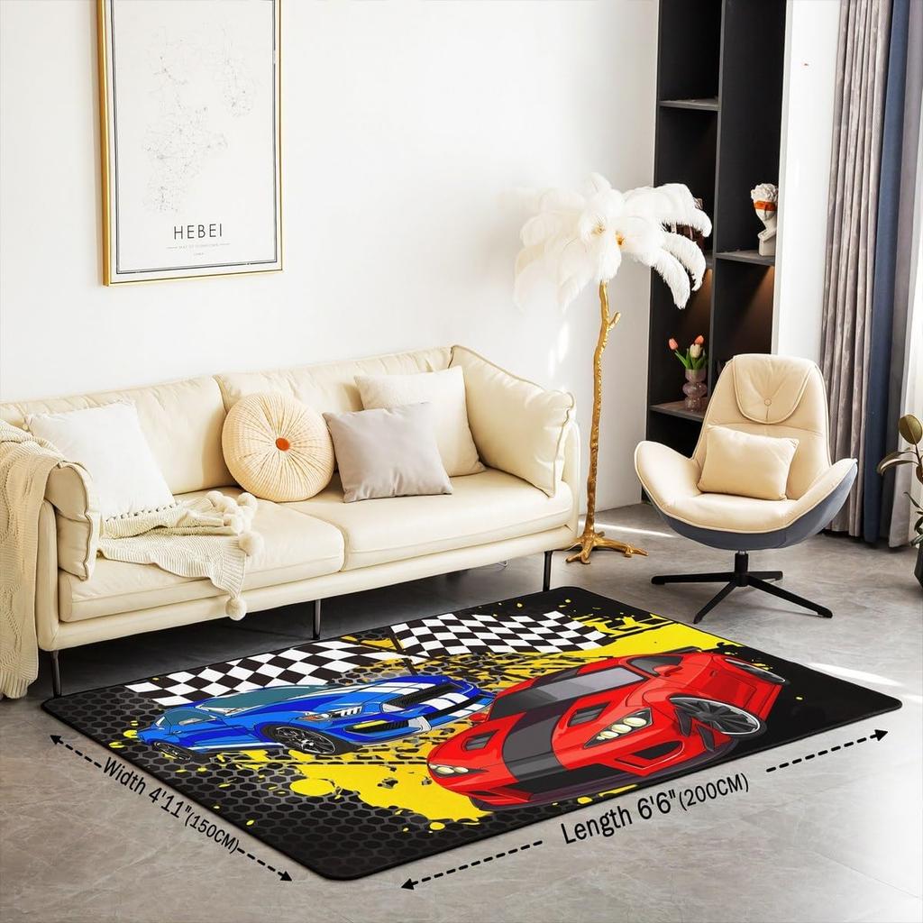 Racing Sports Car Rug, Checkered Flag Yellow Splash Print, Non-Slip Washable Soft Mat for Living Room Sofa Dining Room Indoor