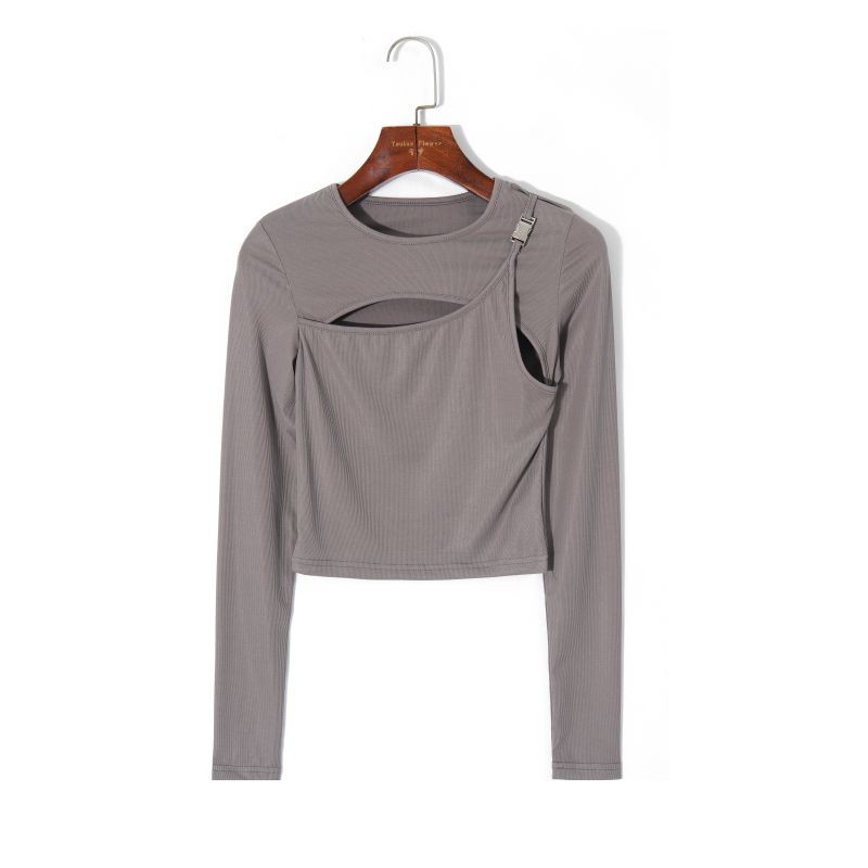 

2024 Fall Women s Clothing K-style Minimalist Pure Color round Neck Pullover Long Sleeves Sexy Cutout Silm Stretch Plaid T-shirt Dark Gray S