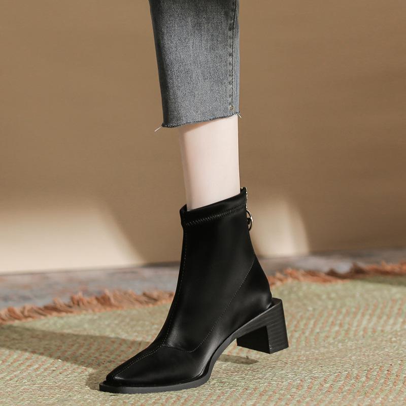 H376-2 high mercerized suede thin medium tube short boots black thick heel autumn and winter zipper women's boots niche fashion boots