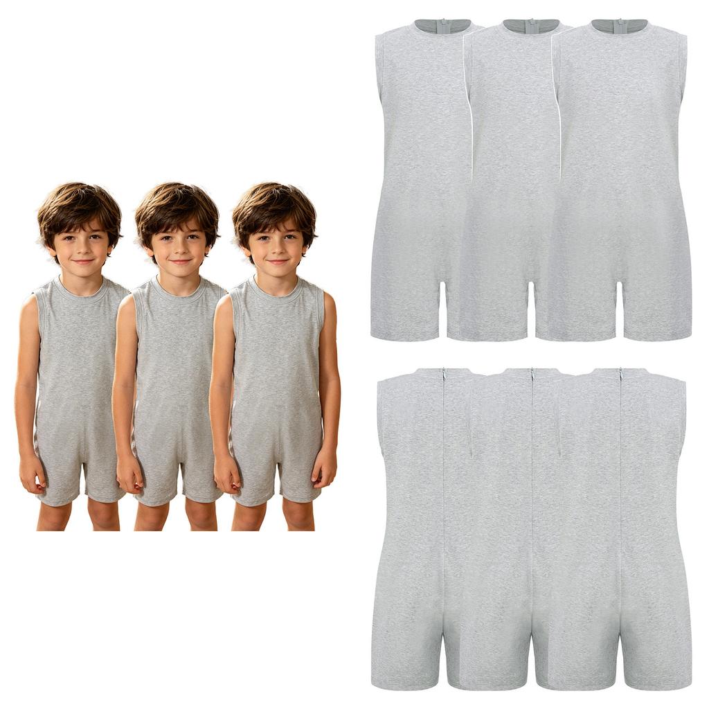 3Pcs Kids Special Needs Adaptive Jumpsuit Round Neck Sleeveless Back Invisible Zipper Solid Color for Easy Dressing Daily Care