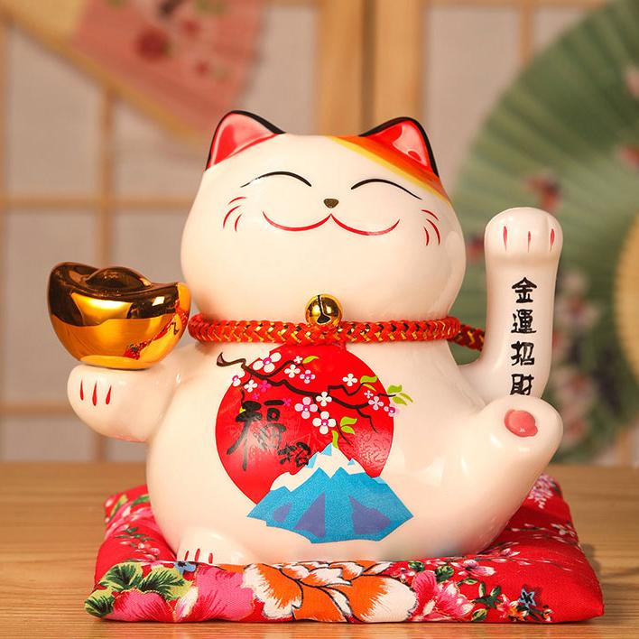 6 Inch Fortune Cat with Waving Arm Ceramic ManekI Neko Feng Shui Ornament Lucky Cat for Shops, Restaurants and Home Deoration