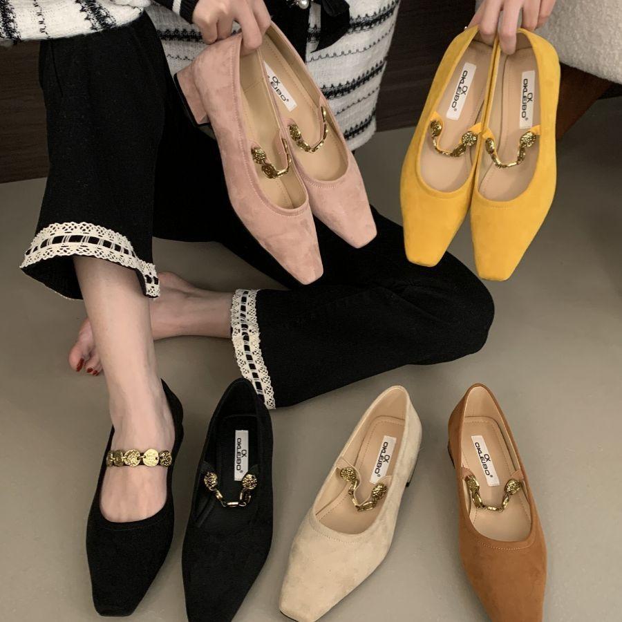 French single shoes Korean temperament with small leather shoes women's metal chain square head shallow mouth high-end Mary Jane shoes