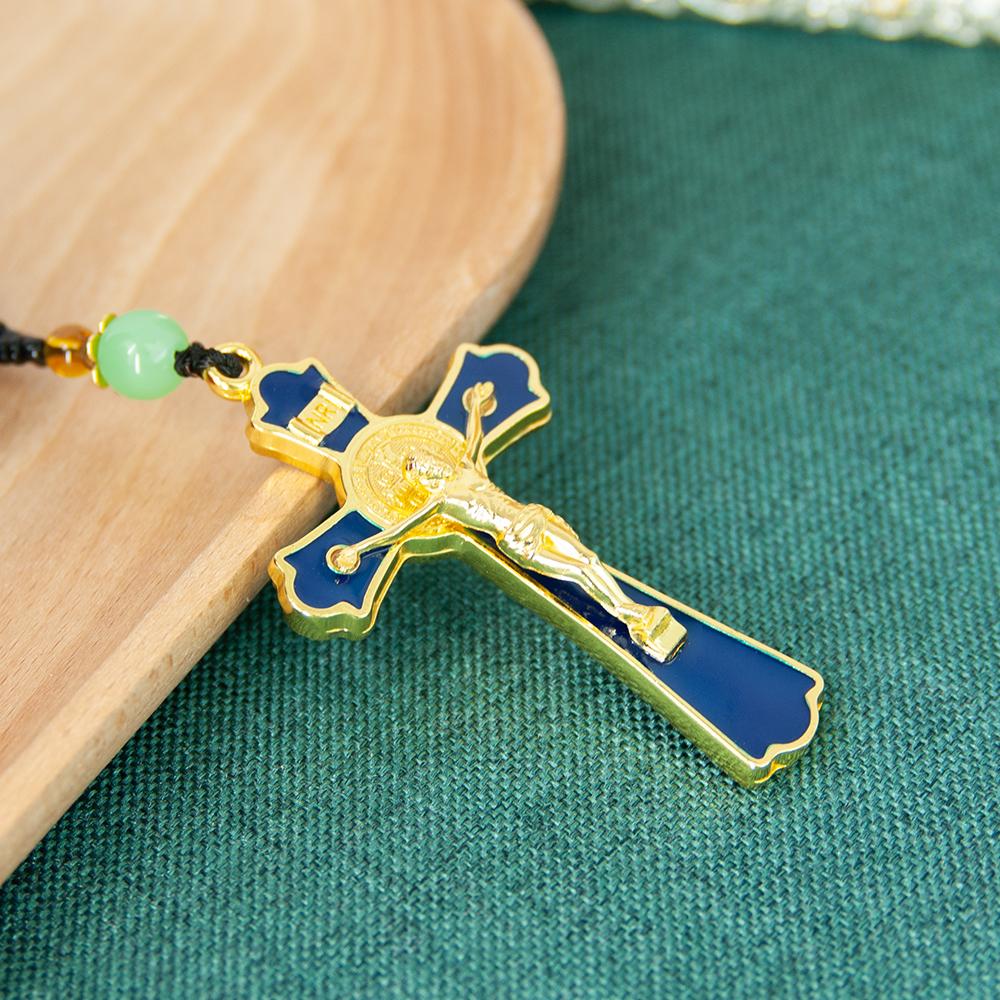 HT St. Benedict Blue Enamel Crucifix Pendant Wooden Bead Rosary Chain Metal Jesus Cross Religious Catholic Prayer Jewelry Gift