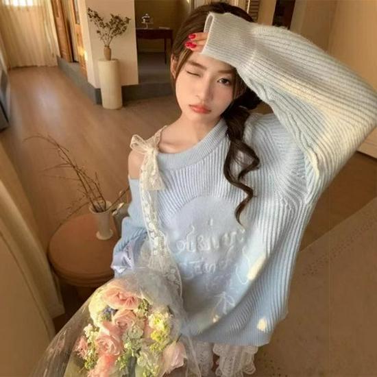 

Autumn Lace Bow Sweater: Soft, Glutinous, Age-Reducing, Slimming, Loose Fit, Mid-Length, with Niche Letter Design for Women One Size светло-синий