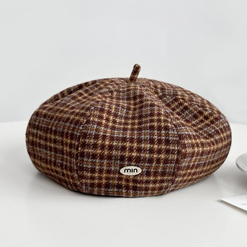 Retro Plaid Beret Women's Spring and Autumn Literary British Style Painter's Hat with Big Head Circumference and Face Small and Versatile Painter
