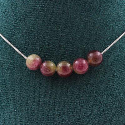 Stones and Minerals. Necklace 5 Beads Two-tone Tourmaline 8 Mm Stainless Steel Chain Necklace for Women, Men. Custom Size