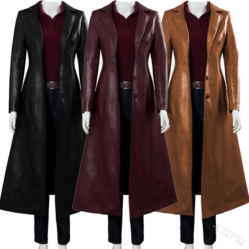 European and American women's leather jacket medium and long coat slim and thin large size leather trench coat
