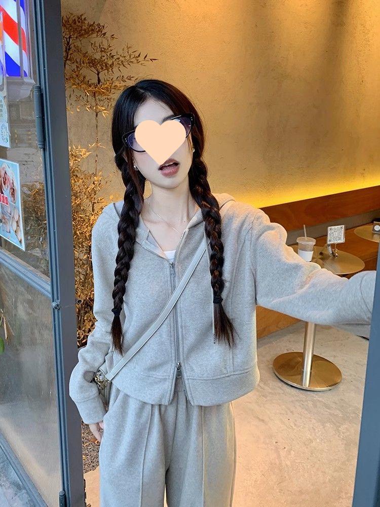 Women's Two-Piece Hooded Zip-Up Sweatshirt & Wide-Leg Pants Set - Casual, Loose Fit for Spring & Autumn, Trendy Korean Style
