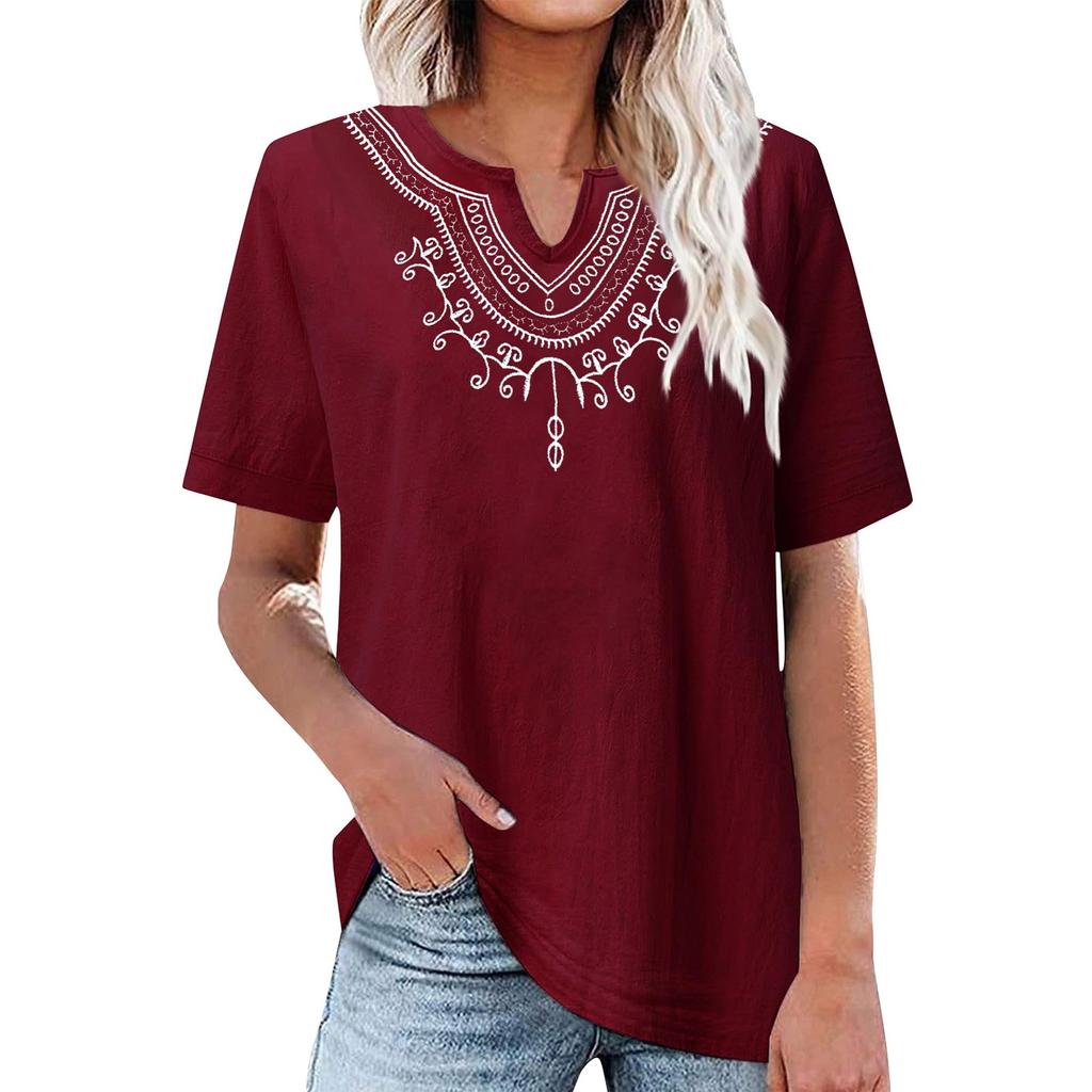 Cotton And Linen Embroidered Shirt V-Neck Color Women's Artistic Loose Fitting Short Sleeved Summer