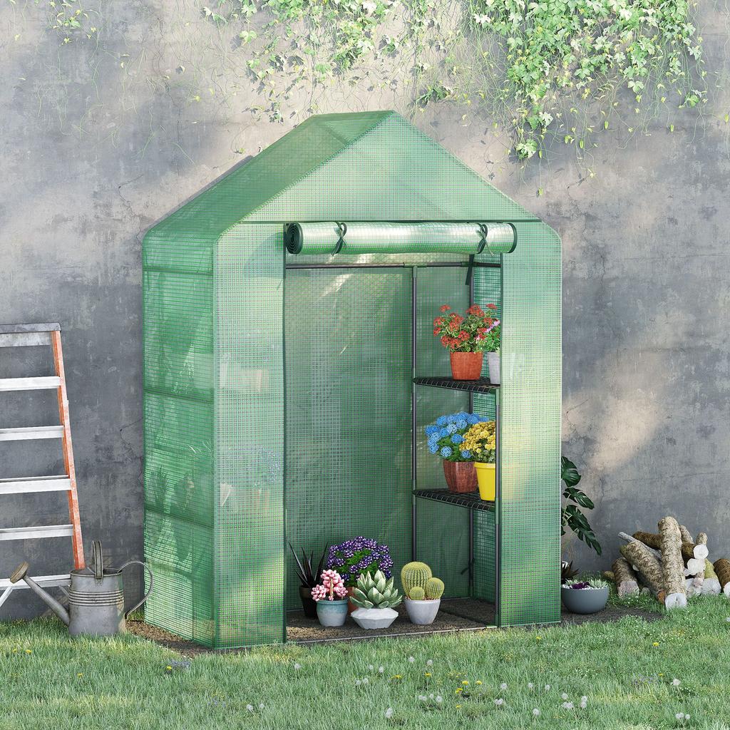 Walk In Greenhouse with Shelves, Portable Gardening Plant Grow House for Outdoor with 2 Tier Shelf, Roll-Up Zippered Door, PE Cover, 141 X 72 X 191cm