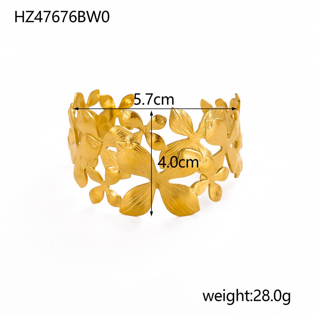 CARLIDANA High End Exaggerated Big Flower Hollow Out Leaf Open Wide Bangle Stainless Steel Non Tarnish Cuff Bracelet Women