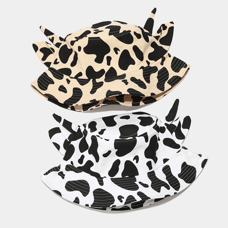 Summer for Sun Cap Wide Brim Fisherman Hat Cow Print Bucket Hat with Horns & Ear