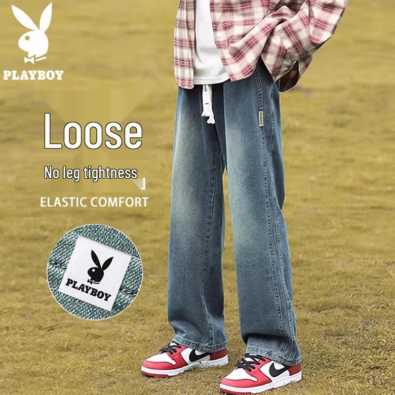 

PLAYBOY Men s Loose Straight-Leg Striped Denim Pants 3XL