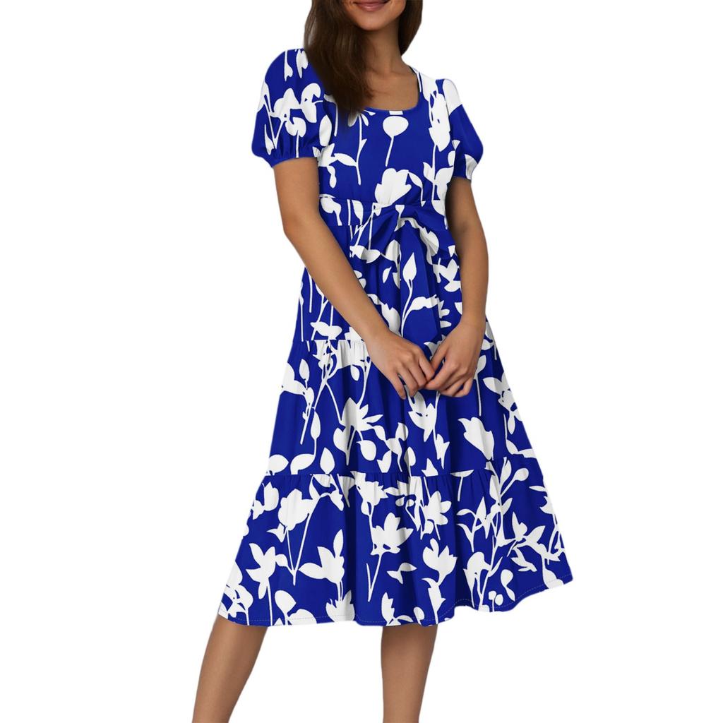 Women's Summer Floral Print Short Sleeves Neck Waistband Bohemian Flowy Maxi Dress With Pockets