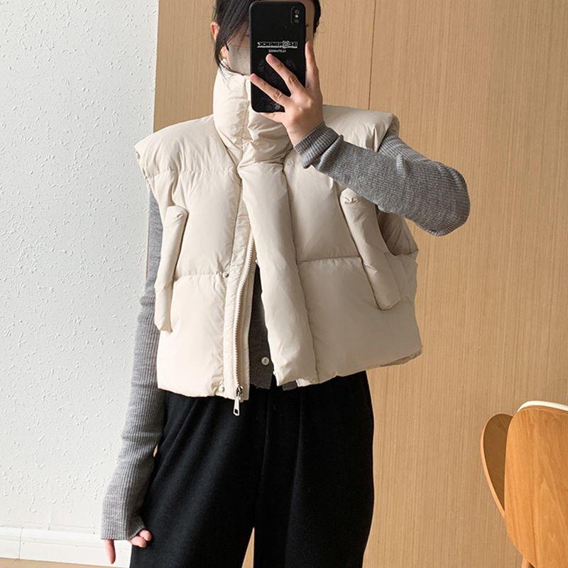 Short Down Cotton Vest for Women Off-season New Loose and Versatile Stand-up Collar Solid Color Sleeveless Vest for Small People