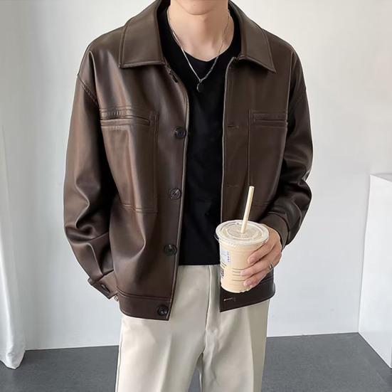 Men Jacket Lapel Long Sleeve Flap Pockets Single-Breasted Jacket Coat Solid Color Loose Fit Waterproof Warm Imitation Leather Jacket