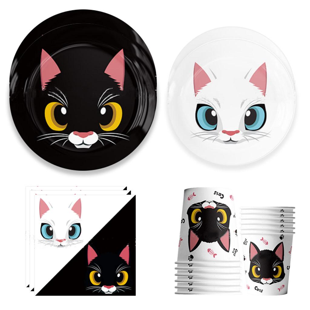 Cartoon Cat Theme Party Disposable Tableware Set White Cat Black Cat Paper Plates Cups Napkins Girls Cat Birthday Party Supplies