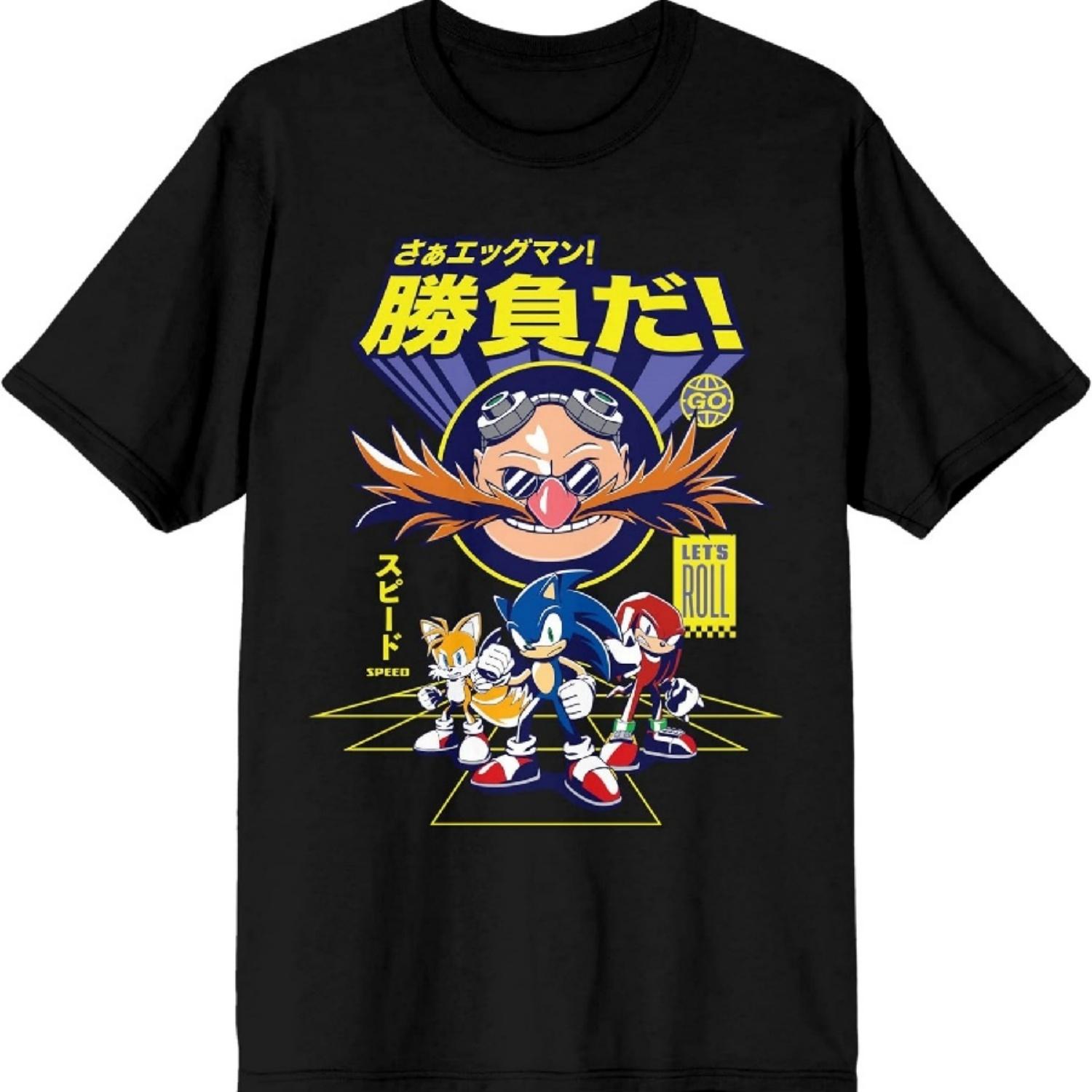 Черная мужская футболка с групповым артом Соника Ежа S