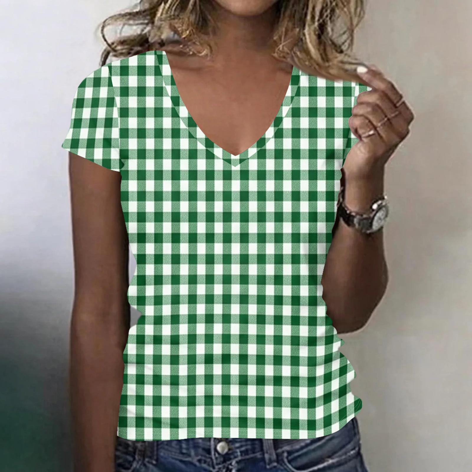 

Women’s Fashionable Casual V-neck Short-sleeved Check Print Slim-fit Lightweight T-shirt Top S зелёный