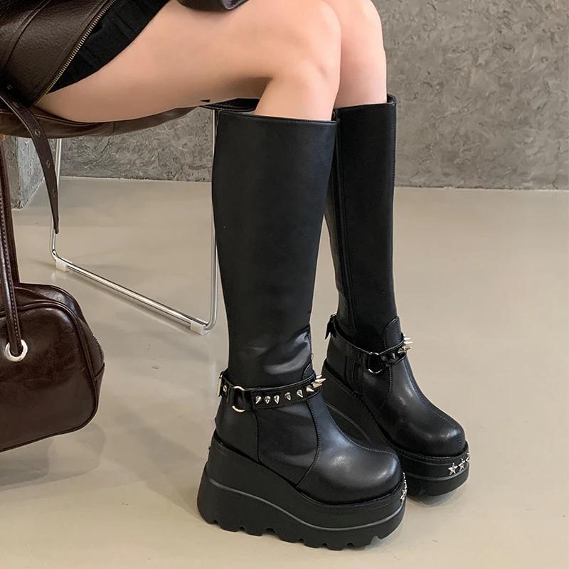 Women Knee High Boots Winter Platform Women Thigh High Boots Fashion Belt Buckle Long Booties Vintage Square Ladies Shoes