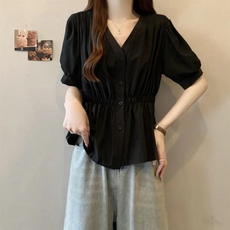 Women Light Blue V Neck Puff Sleeve Elastic Waist Peplum Button Down Casual Blouse