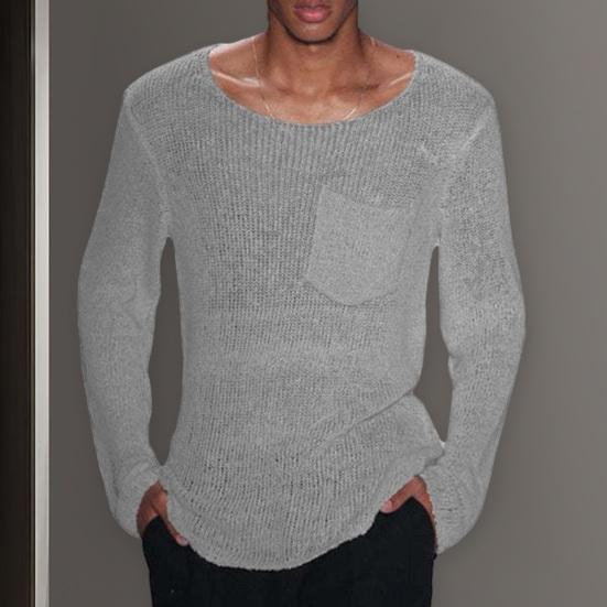 Men O-Neck Long Sleeve Knitting Sweater Solid Color Hollow Out Casual Pullover Sweater