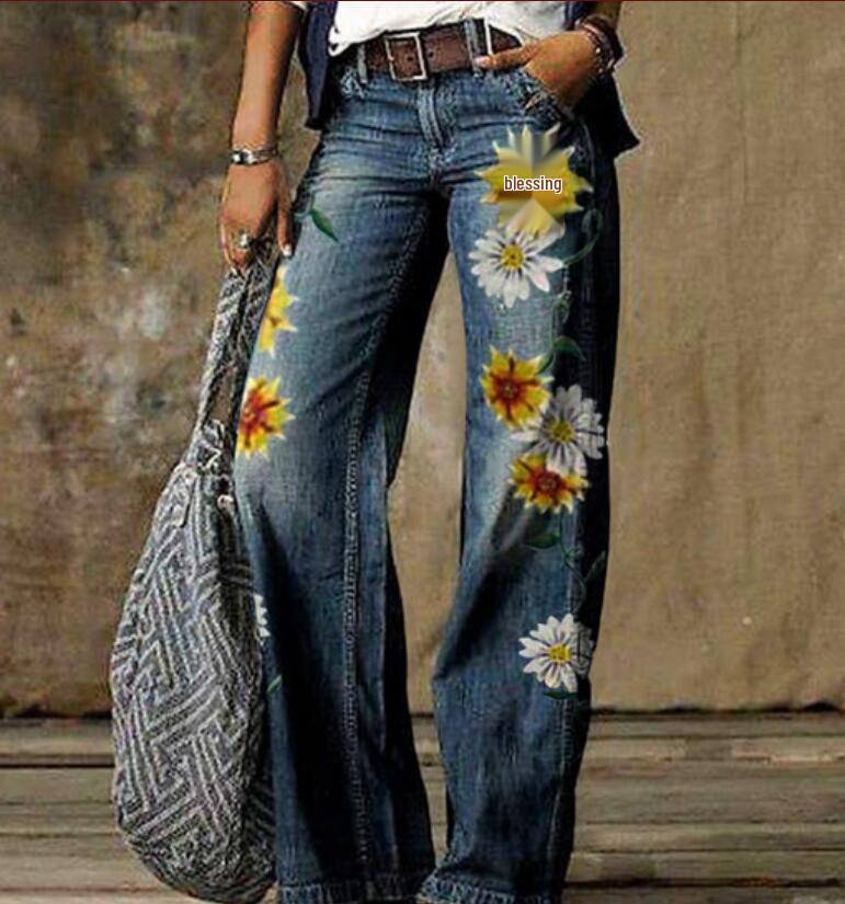 Europäische und amerikanische Übergröße Damen Casual Weitbein Imitationsjeans