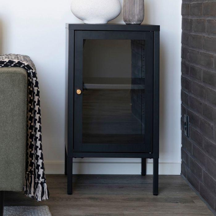 Small Sideboard with 1 Door, 38x35x70 Cm, In Glass and Black Metal