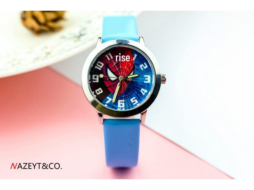 

Детские мультяшные кварцевые часы «Человек-паук» со светящимися стрелками и кожаным ремешком циан