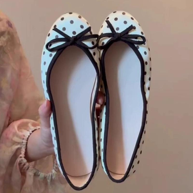 Polka Dot Round Toe Ballet Flats for Women Bow Decoration Shallow Sweet Dress Shoe Lightweight Soft Comfort Loafers