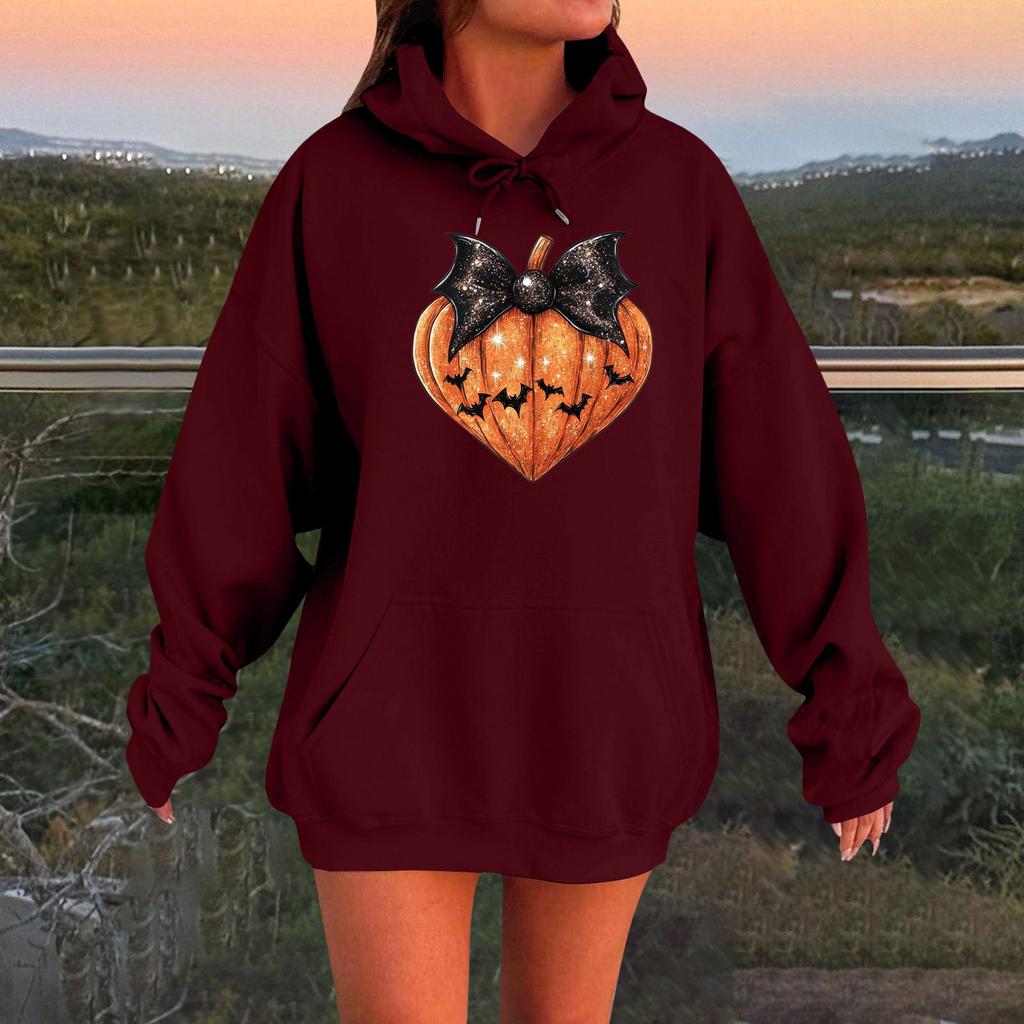 Women's Long-sleeved  Oversized Dropped Shoulder Sleeves Women's Hooded Halloween Print Plush Sweatshirt