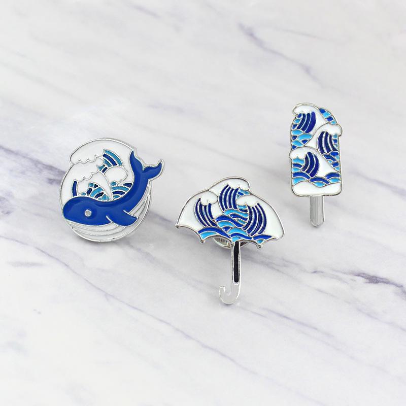 Cloisonné Enamel Brooch with Chinese Scenery: Umbrella, Whale, and Wave Design