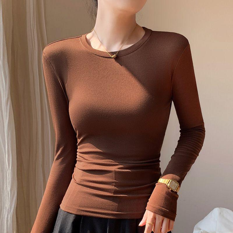 Women's Pure Cotton Long Sleeve Base Layer Shirt, Autumn 2025, Round Neck, Versatile Solid Color, Slim Fit T-shirt