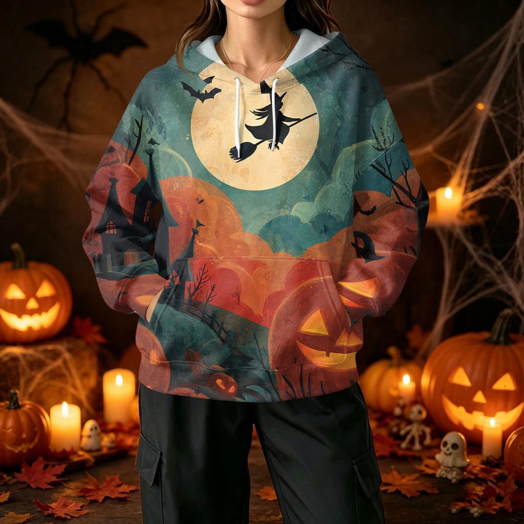 Women's Casual Halloween Print Hoodie with Front Pockets
