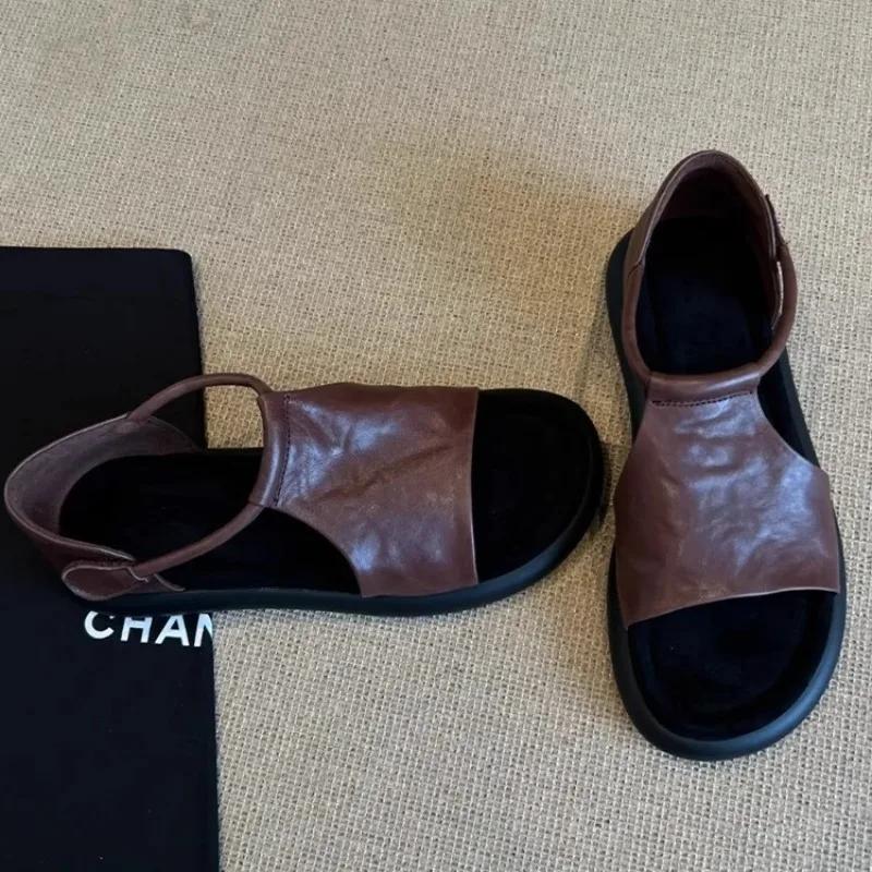 Women Open Toe Flat Sandals 2025 Summer New Retro Soft Leather Comfortable Soft Sole Versatile Women's Rome Shoes