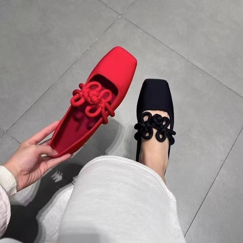 Designer Ethnic Style Women Red Satin Mary Jane Shoes Fashion Shallow Square Toe Shoes Spring Autumn Soft Sole Ballet Shoes